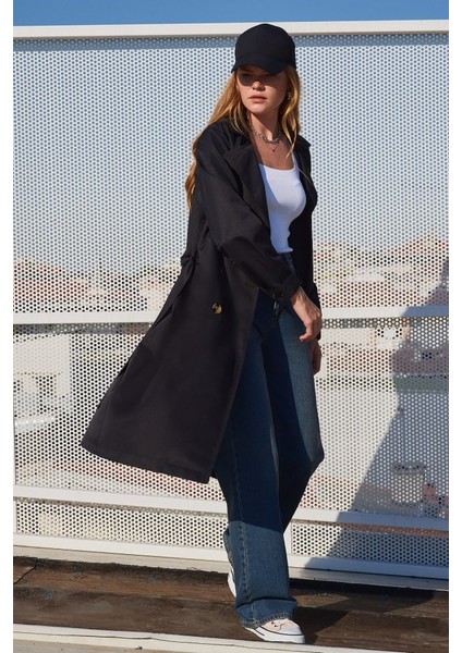 5853 Kruvaze Yaka Trençkot - Siyah fiyatları