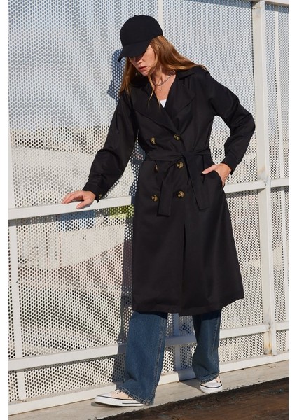 5853 Kruvaze Yaka Trençkot - Siyah fırsatları