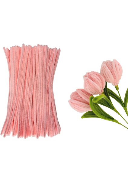 25 Adet Gül Kurusu Pembe Şönil , Çiçek Yapımına Uygun Tüylü Tel, 30 cm 6 mm