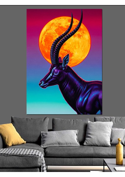 Gün Batımı Boynuzlu Antilop Dekoratif Kanvas - Mdf Ahşap Tablo