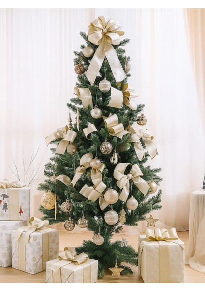 Yılbaşı Ağacı Süsleme Kurdelesi Hediye Paketleme Kurdelesi Kadife Inci Şampanya 6 cm