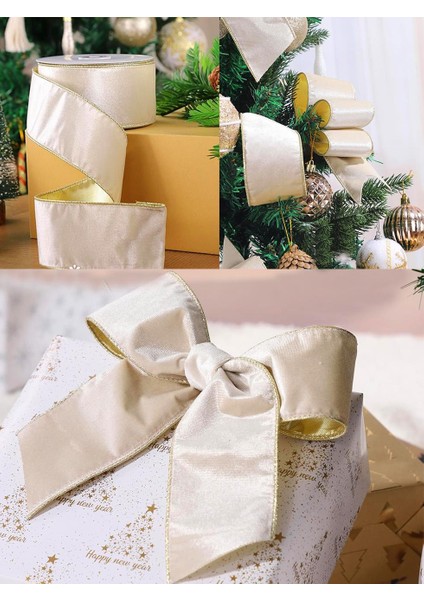 Yılbaşı Ağacı Süsleme Kurdelesi Hediye Paketleme Kurdelesi Kadife Inci Şampanya 6 cm modelleri