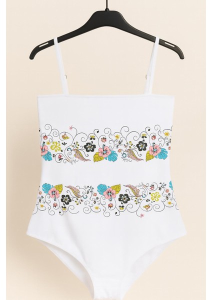 Kadın Çiçek Desenli Askılı Beyaz Mayo – Zarif ve Şık Tek Parça 2211 fiyatları