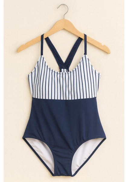 Kadın Lacivert Beyaz Çizgili Tek Parça Mayo – Çapraz Askılı Sportif Model 1128-L indirimleri