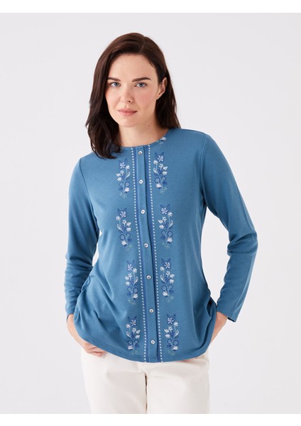 Yeni Sezon Bisiklet Yaka Nakışlı Uzun Kollu Kadın Bluz