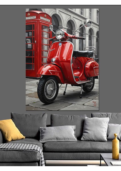 Kırmızı Scooter Ingiliz Telefon Dekoratif Kanvas - Mdf Ahşap Tablo