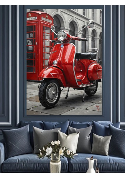 Kırmızı Scooter Ingiliz Telefon Dekoratif Kanvas - Mdf Ahşap Tablo fiyatları