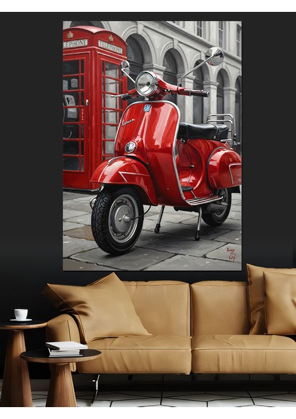 Kırmızı Scooter Ingiliz Telefon Dekoratif Kanvas - Mdf Ahşap Tablo modelleri