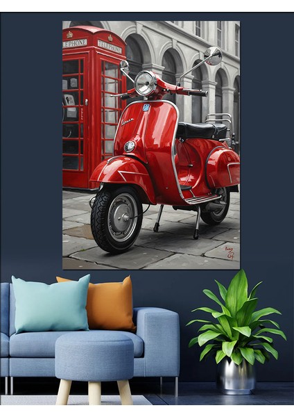 Kırmızı Scooter Ingiliz Telefon Dekoratif Kanvas - Mdf Ahşap Tablo fırsatları