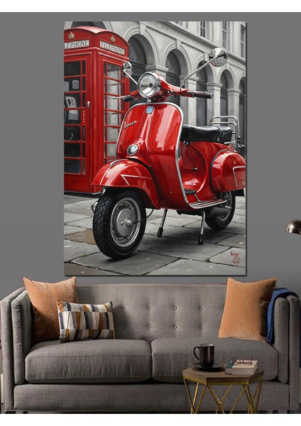 Kırmızı Scooter Ingiliz Telefon Dekoratif Kanvas - Mdf Ahşap Tablo indirimleri