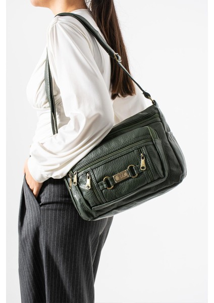 Yıkama deri Çapraz Askılı Omuz Çantası Poliüretan Deri Haki MODEL:(571-14-16F)