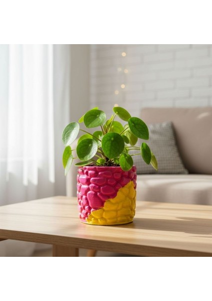 9011 El Yapım Taş Motifli 2'li Mor ve Pembe Dekor Saksısı- 6 x 7 cm