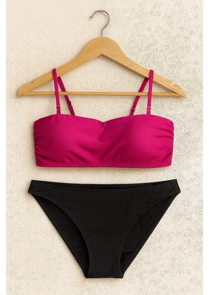 Kadın Fuşya Straplez Bikini Takımı – Siyah Alt, Ayarlanabilir Askılı 1440-60 indirimleri