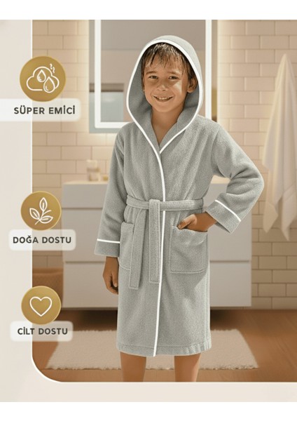Çocuk Bornoz 5-6 Yaş | %100 Pamuklu-Gri-Yumuşak Doku-Kapüşonlu-Cepli-Biyeli