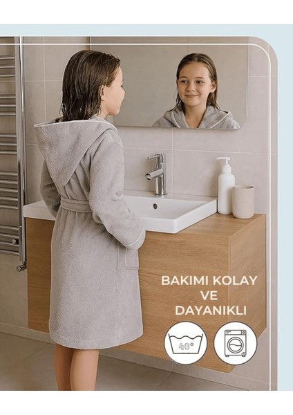 Çocuk Bornoz 7-8 Yaş | %100 Pamuklu-Gri-Yumuşak Doku-Kapüşonlu-Cepli-Biyeli modelleri