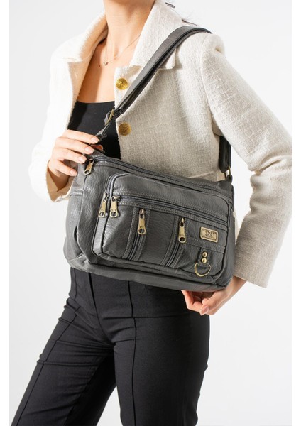 Yıkama deri Çapraz Askılı Omuz Çantası Poliüretan Deri Gri MODEL:(571-14-16D)