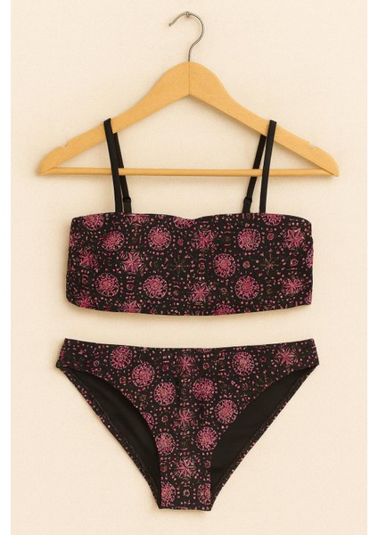 Kadın Desenli Straplez Bikini Takımı – Siyah Pembe Likralı 1440-P