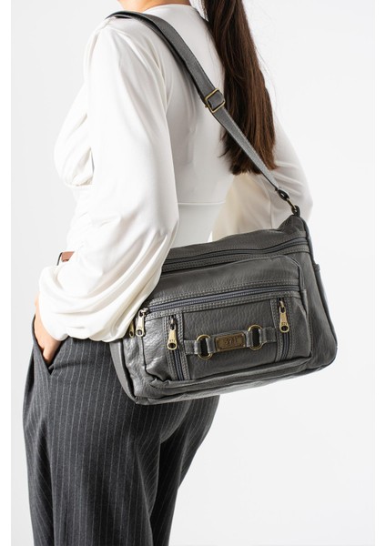 Yıkama deri Çapraz Askılı Omuz Çantası Poliüretan Deri Gri MODEL:(571-14-16F)