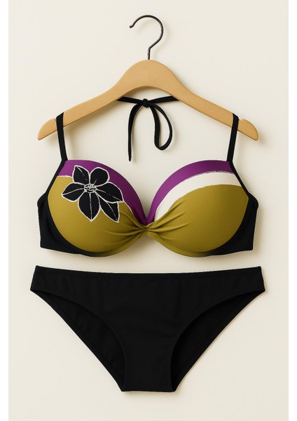Kadın Bikini Takımı – Haki Mor Renk Bloklu Çiçek Desenli Üst, Siyah Alt 1156-1 fiyatları