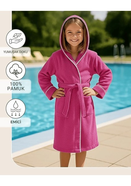 Çocuk Bornoz | %100 Pamuklu-Fuşya-Yumuşak Doku-Kapüşonlu-Cepli-Biyeli