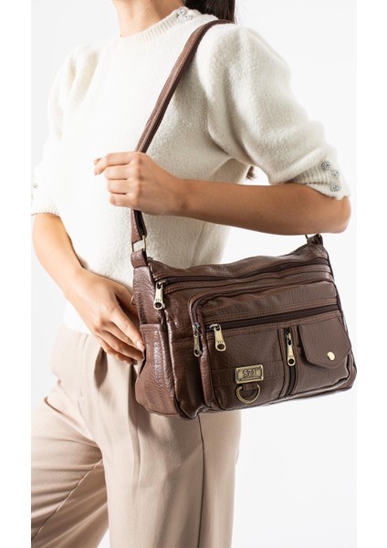 Yıkama deri Çapraz Askılı Omuz Çantası Poliüretan Deri Taba MODEL:(571-14-16A)