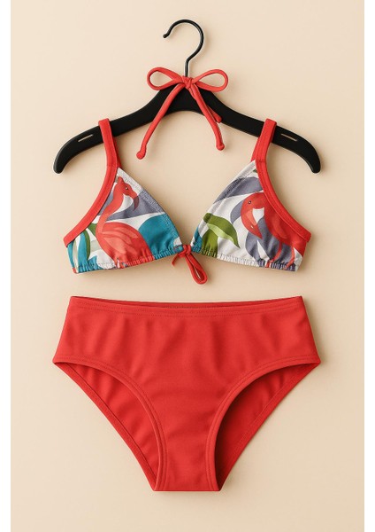 Kadın Flamingo Desenli Üst ve Nar Çiçeği Alt Iki Parça Bikini Takımı 1001-48 fiyatları