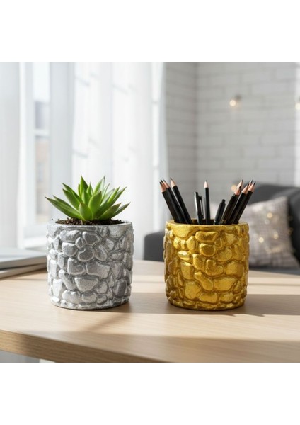 3226 El Yapımı Taş Motifli Simli Gümüş ve Gold 2'li Dekor Saksısı - 6 x 7 cm