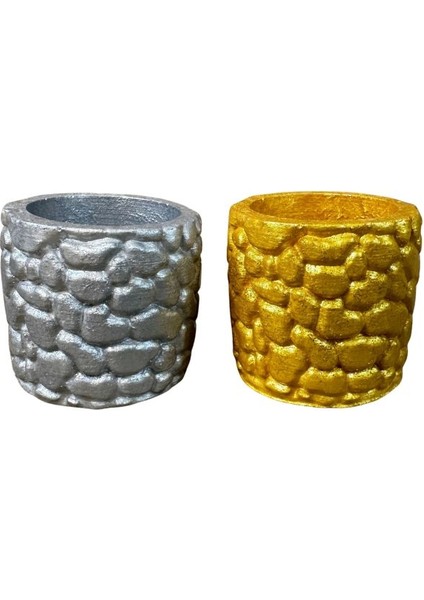 3226 El Yapımı Taş Motifli Simli Gümüş ve Gold 2'li Dekor Saksısı - 6 x 7 cm fırsatları