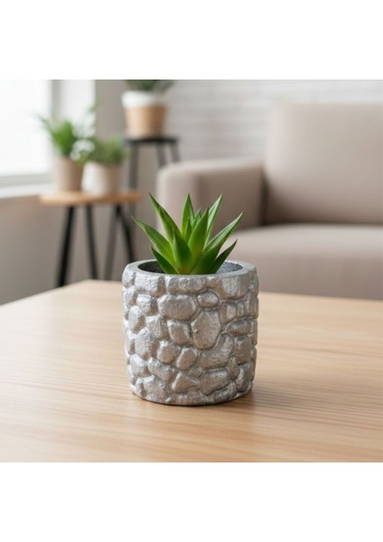 3226 El Yapımı Taş Motifli Simli Gümüş ve Gold 2'li Dekor Saksısı - 6 x 7 cm