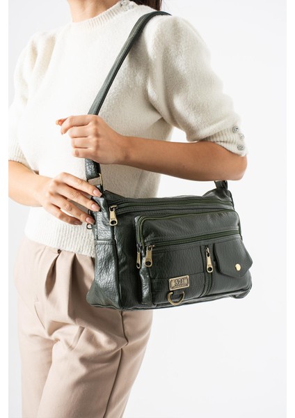 Yıkama deri Çapraz Askılı Omuz Çantası Poliüretan Deri Haki MODEL:(571-14-16A)