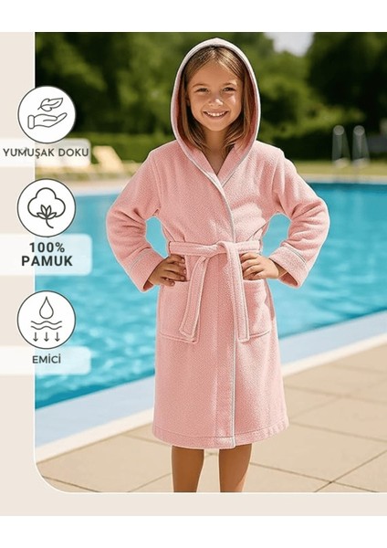 Çocuk Bornoz 13-14 Yaş | %100 Pamuklu-Pembe-Yumuşak Doku-Kapüşonlu-Cepli-Biyeli