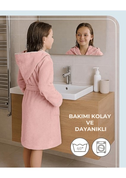 Çocuk Bornoz 13-14 Yaş | %100 Pamuklu-Pembe-Yumuşak Doku-Kapüşonlu-Cepli-Biyeli modelleri