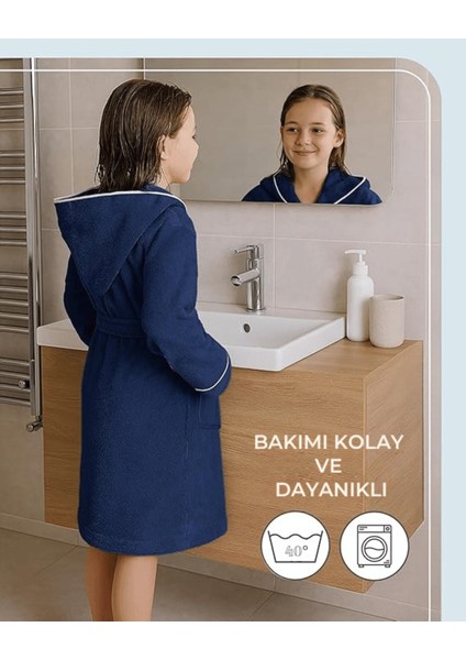 Çocuk Bornoz 13-14 Yaş | %100 Pamuklu-Lacivert-Yumuşak Doku-Kapüşonlu-Cepli-Biyeli modelleri