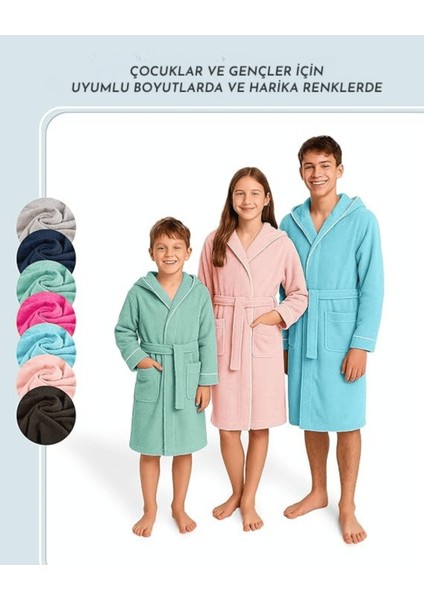 Çocuk Bornoz 11-12 Yaş | %100 Pamuklu-Pembe-Yumuşak Doku-Kapüşonlu-Cepli-Biyeli