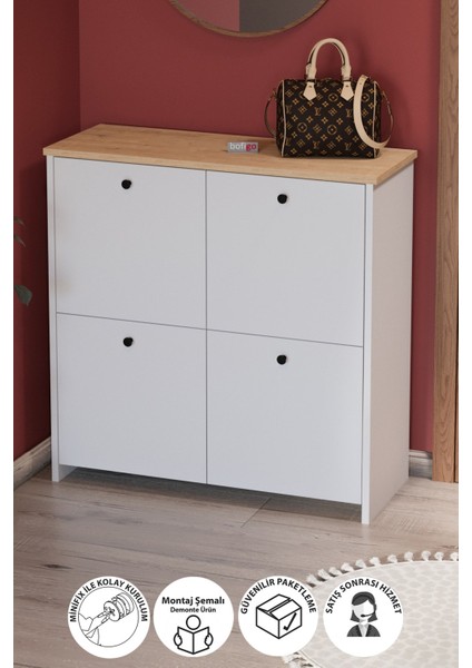 4 Kapaklı Ayakkabılık 4 Bölmeli Ayakkabılık Çok Amaçlı Dolap Tetra Safir Meşe Beyaz