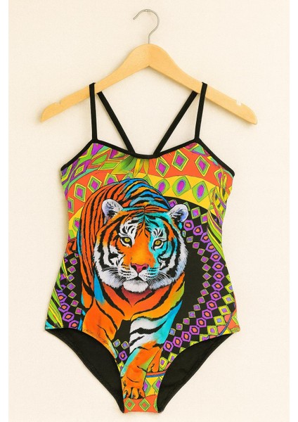 Kadın Dijital Kaplan Baskılı Renkli Tek Parça Mayo – Ince Askılı 20351 modelleri