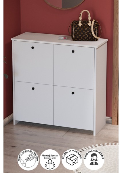4 Kapaklı Ayakkabılık 4 Bölmeli Ayakkabılık Çok Amaçlı Dolap Tetra Beyaz