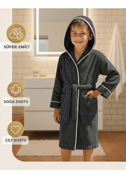 Çocuk Bornoz 15-16 | %100 Pamuklu-Antrasit-Yumuşak Doku-Kapüşonlu-Cepli-Biyeli