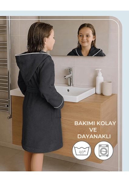 Çocuk Bornoz 15-16 | %100 Pamuklu-Antrasit-Yumuşak Doku-Kapüşonlu-Cepli-Biyeli modelleri