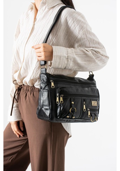 Yıkama deri Çapraz Askılı Omuz Çantası Poliüretan Deri Siyah MODEL:(571-14-16B)