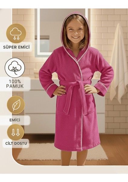 Çocuk Bornoz 11-12 Yaş | %100 Pamuklu-Fuşya-Yumuşak Doku-Kapüşonlu-Cepli-Biyeli