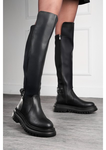 Günlük Kadın Çizme Kalın Tırtıklı Taban Dalgıç Kumaş Tokalı Dizüstü Fermuarlı Oval Burunlu 367
