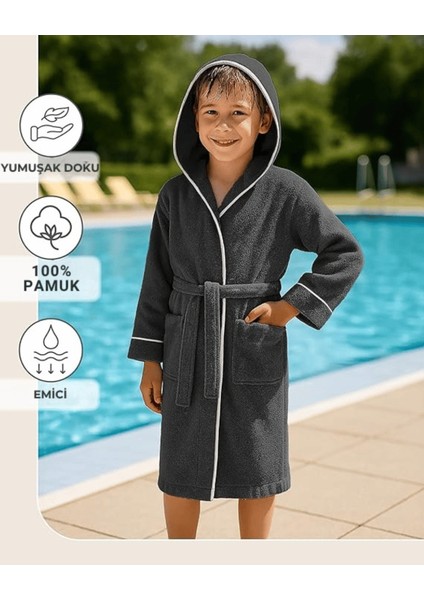 Çocuk Bornoz 9-10 | %100 Pamuklu-Antrasit-Yumuşak Doku-Kapüşonlu-Cepli-Biyeli
