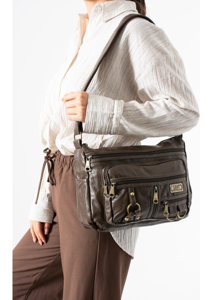 Yıkama deri Çapraz Askılı Omuz Çantası Poliüretan Deri Vizon MODEL:(571-14-16B)