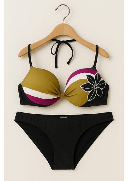 Kadın Bikini Takımı – Çiçek Desenli Üst, Haki-Mor Renk Bloklu, Siyah Alt 1156