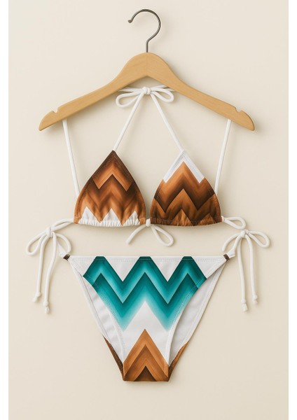 Kadın Üçgen Halter Desenli Bikini Takımı – Kahverengi Turkuaz Chevron Baskılı, Ipli Ayarlanabilir 1001-14 fırsatları