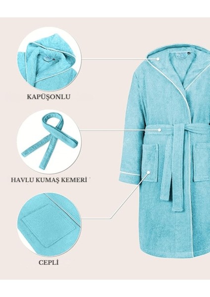 Çocuk Bornoz 11-12 Yaş | %100 Pamuklu-Turkuaz-Yumuşak Doku-Kapüşonlu-Cepli-Biyeli modelleri