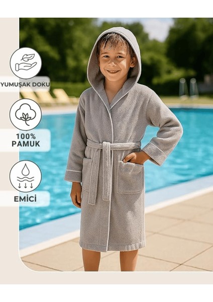 Çocuk Bornoz 13-14 | %100 Pamuklu-Gri-Yumuşak Doku-Kapüşonlu-Cepli-Biyeli