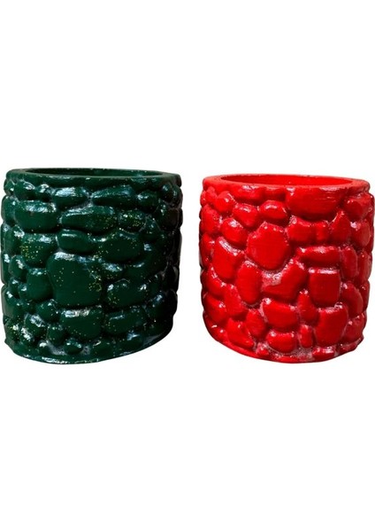 0696 El Yapımı Taş Motifli Kırmızı ve Koyu Yeşil 2'li Dekor Saksısı- 6 x 7 cm fırsatları