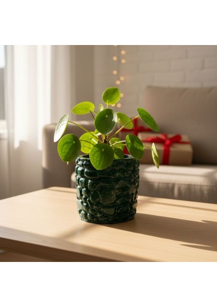 0696 El Yapımı Taş Motifli Kırmızı ve Koyu Yeşil 2'li Dekor Saksısı- 6 x 7 cm